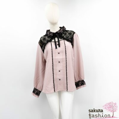 Dear My Love Whip Bluse Langarm Spitzenbolero-Design Rosa Spitze Herzausschnitt Zierknöpfe Haifischkragen Windsorkragen Kragenband Schleife Japan Kawaii frilled bolero yoke lace ribbon blouse pink