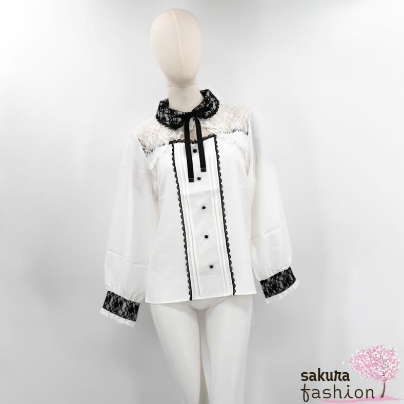 Dear My Love Whip Bluse Langarm Spitzenbolero-Design Weiß Spitze Herzausschnitt Zierknöpfe Haifischkragen Windsorkragen Kragenband Schleife Japan Kawaii frilled bolero yoke lace ribbon blouse white