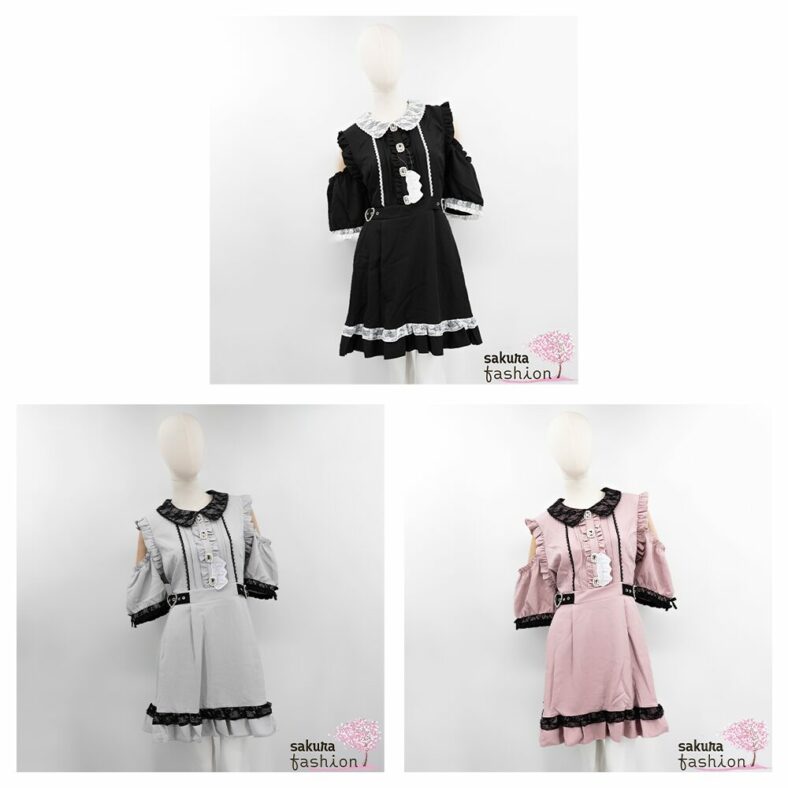 Dear My Love Whip Kleid Minikleid Kurz Rosa Blaugrau Schwarz Schulterfrrei Rüschen Spitze Tailliert Schmuckknöpfe Bijou Schnallendetails Schleife Bubikragen Japan Kawaii sparkly bejeweled off shoulder frill dress pink black blue gray