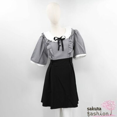 Dear My Love Whip Kleid Kurz Schwarz Kariert Kragenschleife Tailliert Rüschen Kurzarm Zierknöpfe Bubikragen Weiß Japan Kawaii round collar frill ribbon short sleeve dress black