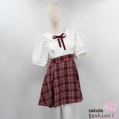 Dear My Love Whip Kleid Kurz Rot Kariert Kragenschleife Tailliert Rüschen Kurzarm Zierknöpfe Bubikragen Weiß Japan Kawaii round collar frill ribbon short sleeve dress bordeaux