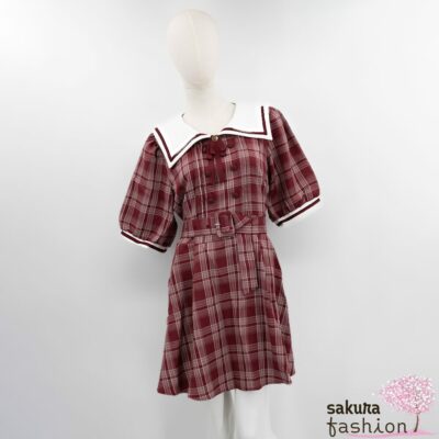 Dear My Love Whip Kleid Rot Kariert Minikleid Kurz Schulmädchenkleid Schleife Matrosenkragen Weiß Stoffgürtel Zierknöpfe Japan Kawaii sailor collar side pleats short sleeve dress short