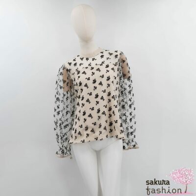 Dear My Love Whip Tüllbluse Spitzenbluse Elfenbeinweiß Schwarz Floral Langarm Japan Kawaii bouquet tulle docking blouse ivory