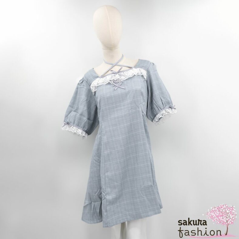 Dear My Love Whip Neckholder Kleid Kurz Minikleid Blaugrau Kariert Schleifen Spitzendetails Weiß Japan Kawaii halter-neck lace frill dress blue gray