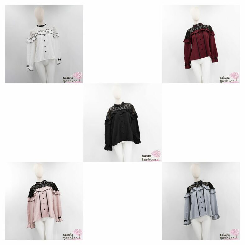 Dear My Love Whip Bluse Weiß Rot Schwarz Rosa Blaugrau Langarm Spitze Rüschen Schulterfrei Herz-Choker Schleifen Zierknöpfe Japan Kawaii heart choker lace frill blouse white bordeaux black pink blue gray