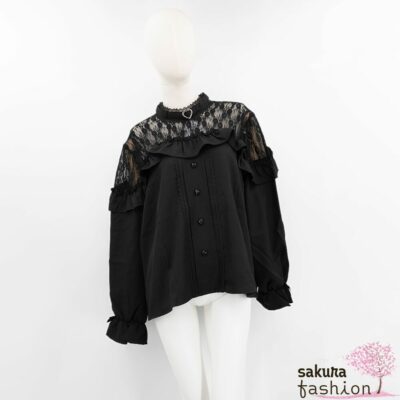 Dear My Love Whip Bluse Schwarz Langarm Spitze Rüschen Schulterfrei Herz-Choker Schleifen Zierknöpfe Japan Kawaii heart choker lace frill blouse black