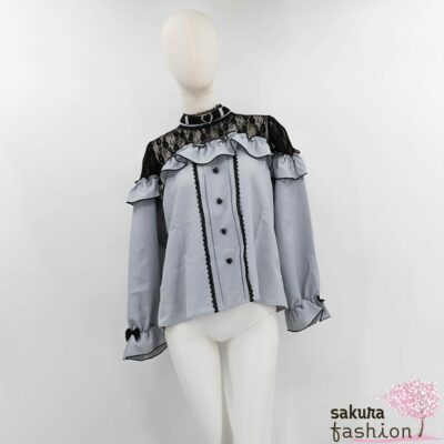 Dear My Love Whip Bluse Blaugrau Langarm Spitze Rüschen Schulterfrei Herz-Choker Schleifen Zierknöpfe Japan Kawaii heart choker lace frill blouse blue gray