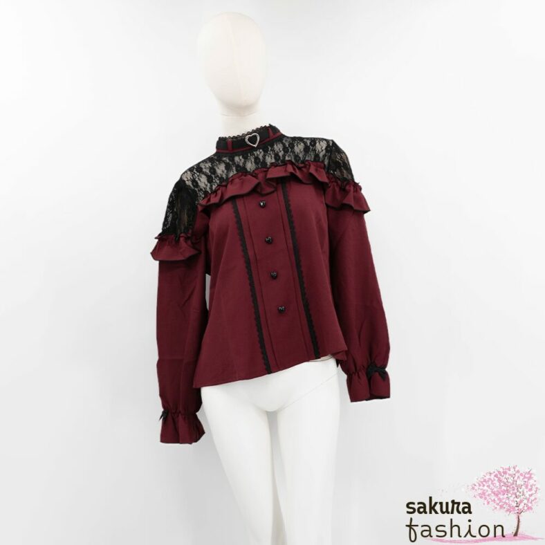 Dear My Love Whip Bluse Rot Langarm Spitze Rüschen Schulterfrei Herz-Choker Schleifen Zierknöpfe Japan Kawaii heart choker lace frill blouse bordeaux