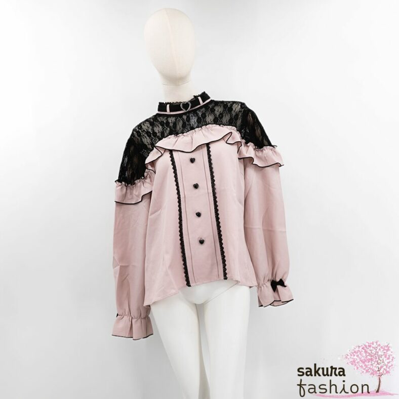 Dear My Love Whip Bluse Rosa Langarm Spitze Rüschen Schulterfrei Herz-Choker Schleifen Zierknöpfe Japan Kawaii heart choker lace frill blouse pink