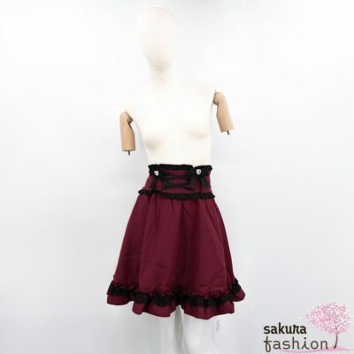 Dear My Love Rock Rot Rüschen Spitze Schleife Bijou Schnürdetail Farbdetails Schwarz Mezzolänge Japan Kawaii heart jewel ribbon lace up frill skirt bordeaux