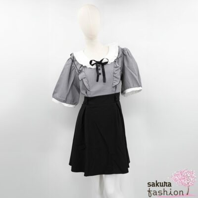 Dear My Love Whip Kleid Kurz Schwarz Kariert Kragenschleife Tailliert Rüschen Kurzarm Zierknöpfe Bubikragen Weiß Japan Kawaii round collar frill ribbon short sleeve dress black