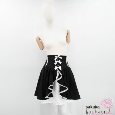 Dear My Love Whip Korsettrock Schwarz Rüschen Schleifen Häkelborte Perlen Herzschmuckstein Mezzolänge Japan Kawaii front ruffle corset skirt black