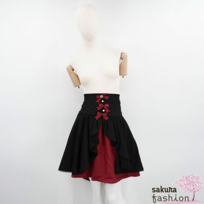 Dear My Love Whip Korsettrock Rot Rüschen Schleifen Häkelborte Perlen Herzschmuckstein Mezzolänge Japan Kawaii front ruffle corset skirt bordeaux