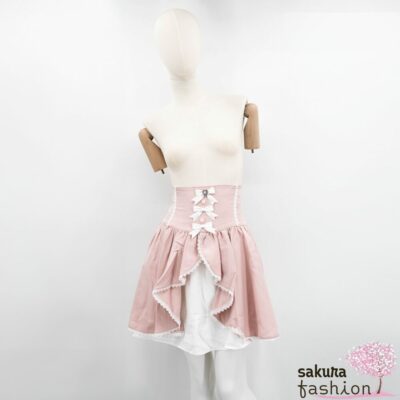 Dear My Love Whip Korsettrock Rosa Rüschen Schleifen Häkelborte Perlen Herzschmuckstein Mezzolänge Japan Kawaii front ruffle corset skirt pink