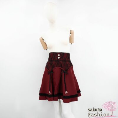 Dear My Love Rock Mezzo Rot Spitze Schleife Strumpfbandhalterdesign Strapsdesign Herzanhänger Zierherzknöpfe Schmuckknöpfe Japan Kawaii Sexy ribbon charm garter skirt bordeaux