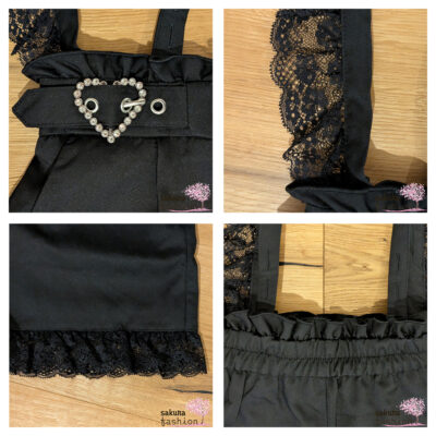 Dear My Love Shorts Schwarz Hosenträger Spitze Rüschen Taillenschnallen Schmucksteine Herzen Hose Kurz Japan Kawaii sparkly heart shoulder lace short pants black