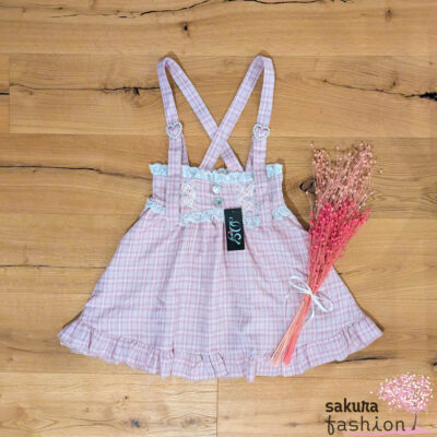 Dear My Love Rock Kariert Rosa Hosenträger Spitze Rüschen Perlen Schmucksteine Herzen Lady-Mini Japan Kawaii lace up frilled heart skirt pink