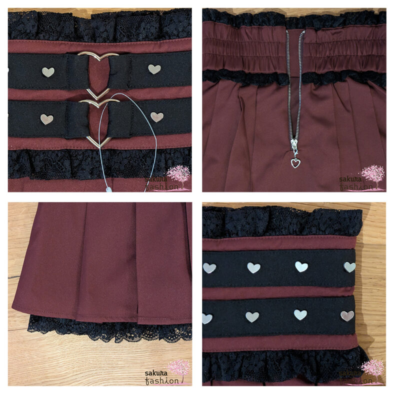 Dear My Love Faltenrock Rot Spitze Schwarz Herznieten herzschnallen Silber Tailliert Japan Kawaii heart stud belt lace skirt bordeaux