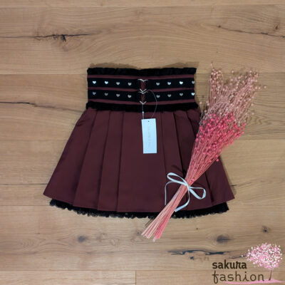 Dear My Love Faltenrock Rot Spitze Schwarz Herznieten herzschnallen Silber Tailliert Japan Kawaii heart stud belt lace skirt bordeaux