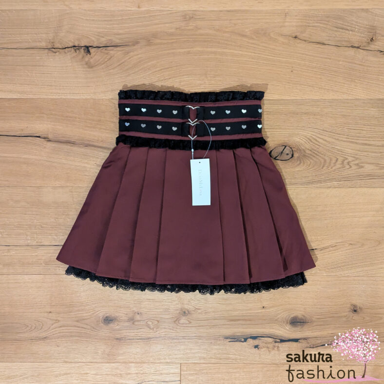 Dear My Love Faltenrock Rot Spitze Schwarz Herznieten herzschnallen Silber Tailliert Japan Kawaii heart stud belt lace skirt bordeaux