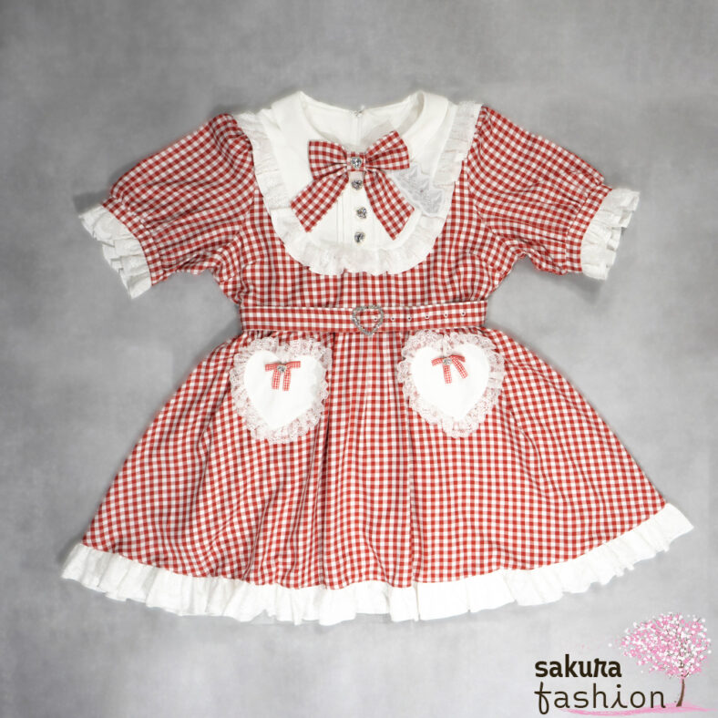 Dear My Love Whip Kleid Rot Weiß Kariert Herztaschen Taillengürtel Schleife Spitze Japan Kawaii heart pocket ribbon frill dress red check