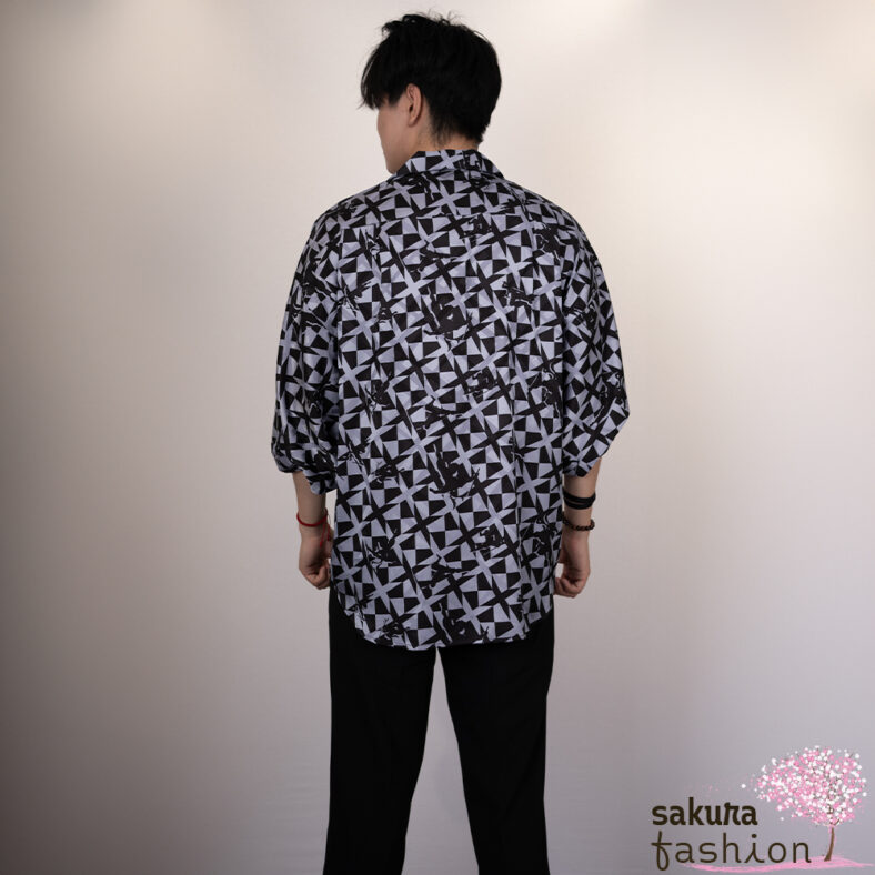 Axes-X Hemd Grau Muster Ninja Kimonoärmel Unisex Japan Modern