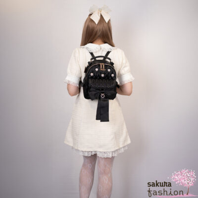 Liz Lisa Rucksack Schwarz Kunstleder Schleife Kunstleder Gesteppt Tasche Japan Kawaii